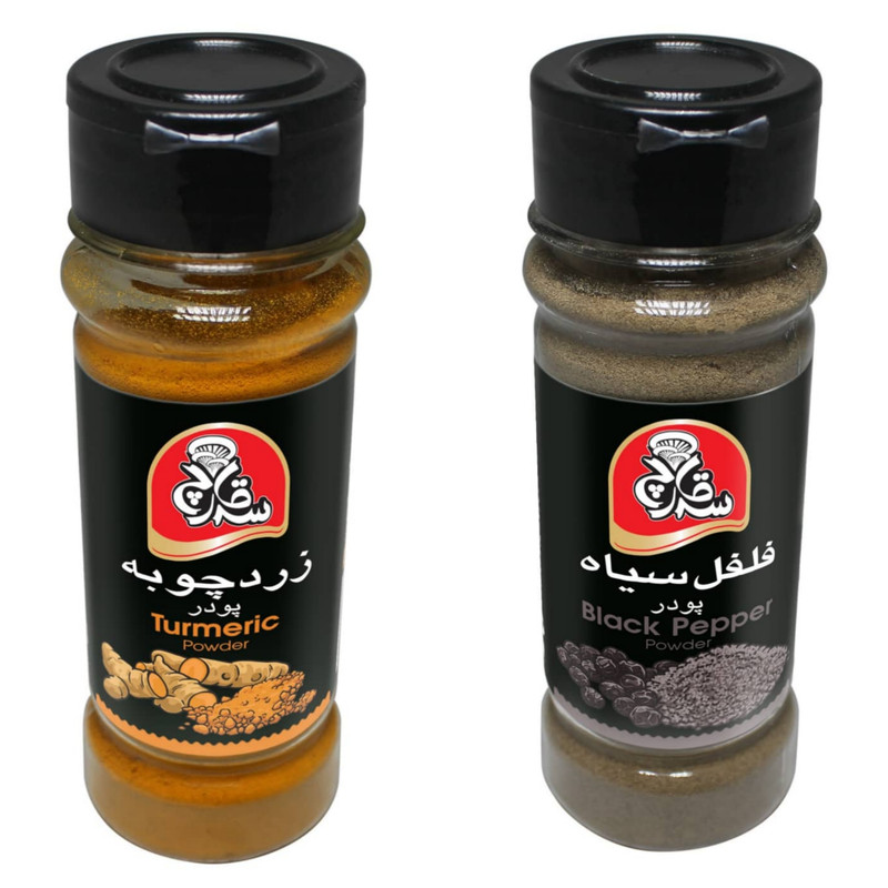 خرید و قیمت ادویه فلفل سیاه و زرد سه قارچ چوبه 75 الی 85 گرم مجموعه دو عددی