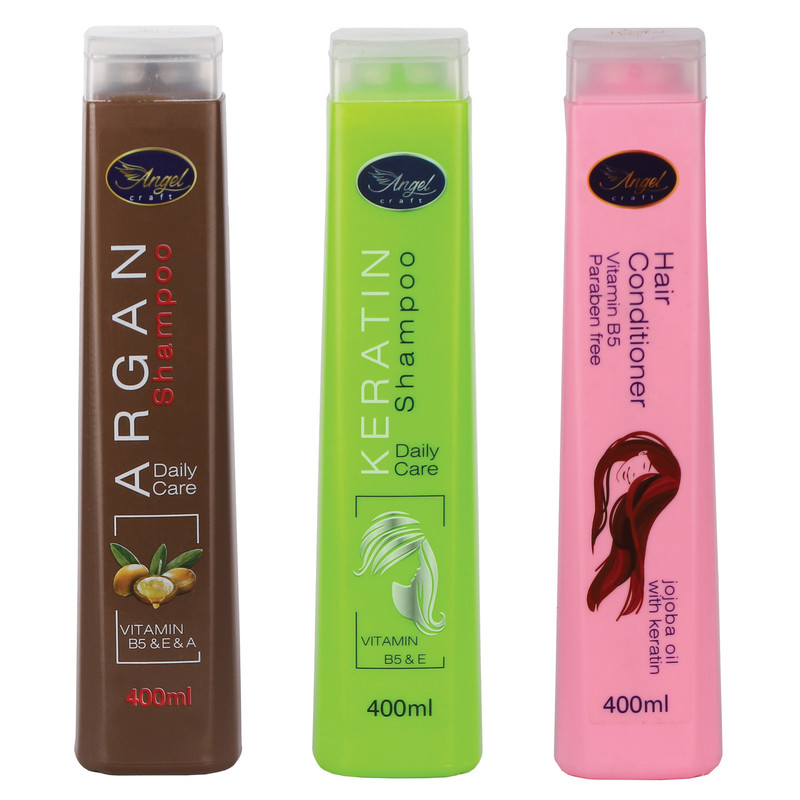 شامپو مو انجل کرفت مدل آرگان حجم 400 میلی لیتر به همراه شامپو مو مدل کراتین و نرم کننده مو مدل KERATIN & JOJOBA OIL