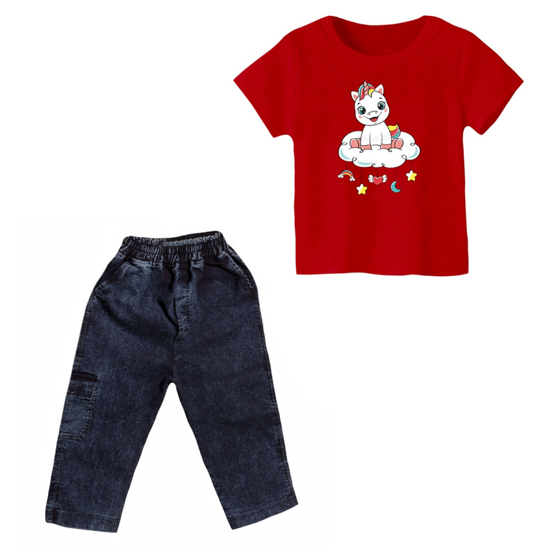 ست تی شرت و شلوارک دخترانه مدل یونیکورن کد 12 رنگ قرمز