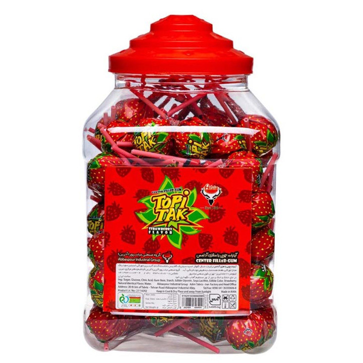 آبنبات چوبی توپی تک با طعم توت فرنگی با مغزی آدامس آدرین بسته 60 عددی