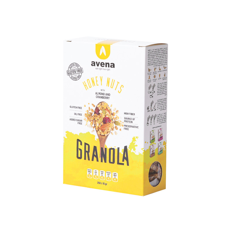 خرید و قیمت گرانولا جودوسر و عسل با مغز بادام و کرنبری و تخم کدو بدون گلوتن اونا - 250 گرم