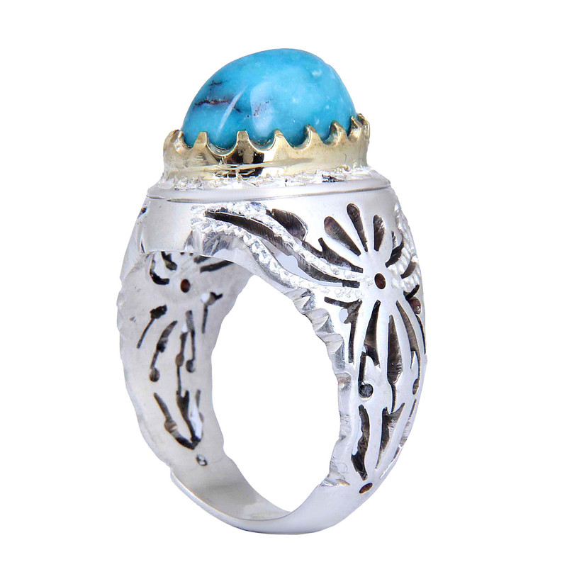 انگشتر نقره مردانه مدل رکاب دستساز سنگ فیروزه طبیعی نیشابور کد AM_5255