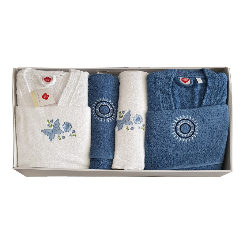 سرویس حوله پالتویی 6 تکه کاتن باکس مدل Beyaz - Mavi