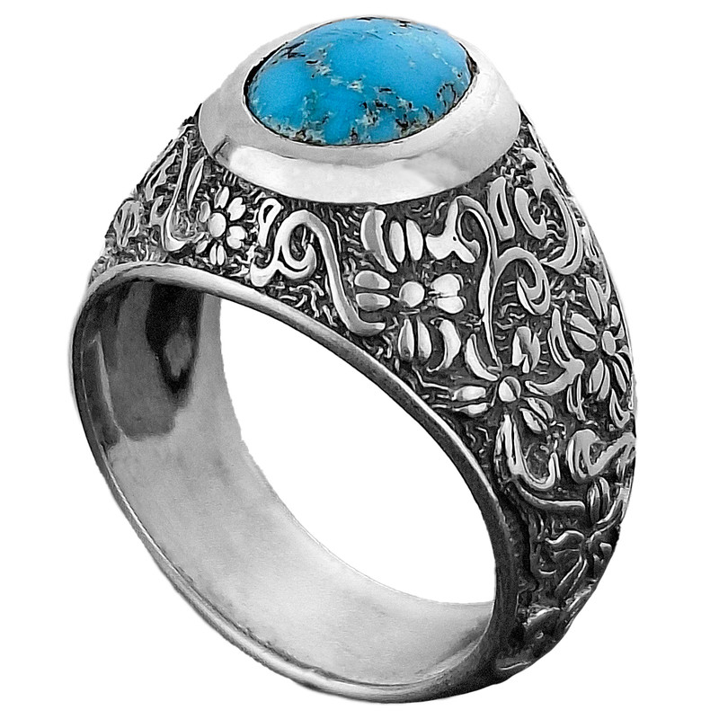 انگشتر نقره مردانه مدل فیروزه نیشابور رکاب گل اسلیمی