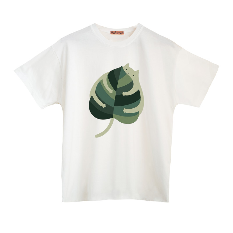 تی شرت آستین کوتاه دخترانه مدل گربه و برگ