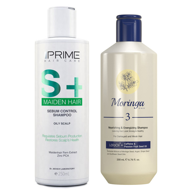 خرید و قیمت شامپو مو پریم مدل +S حجم 250 میلی لیتر به همراه شامپو مو مورینگا امو مدل S3 حجم 200 میلی لیتر