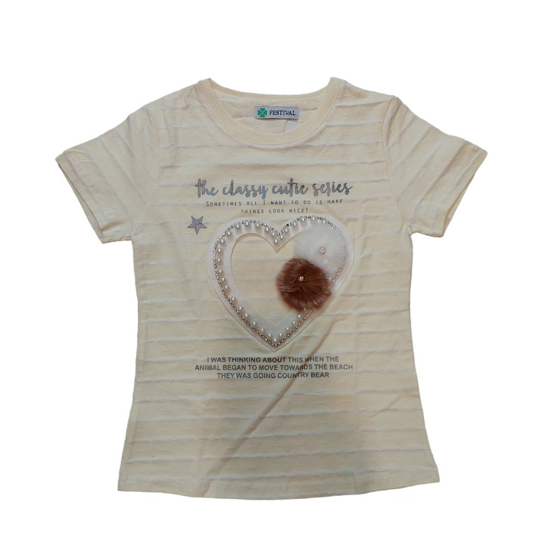 تی شرت آستین کوتاه دخترانه مدل قلب کد ASH676 رنگ لیمویی