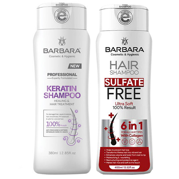 شامپو مو بدون سولفات باربارا مدل Ultra Soft حجم 400 میلی لیتر به همراه شامپو مو کراتینه باربارا مدل KERATIN THERAPY حجم 380 میلی لیتر