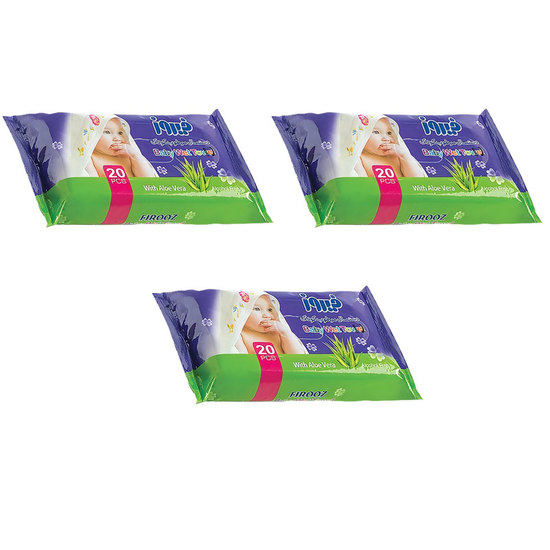 دستمال مرطوب کودک فیروز مدل آلوئه ورا سه بسته 20 عددی
