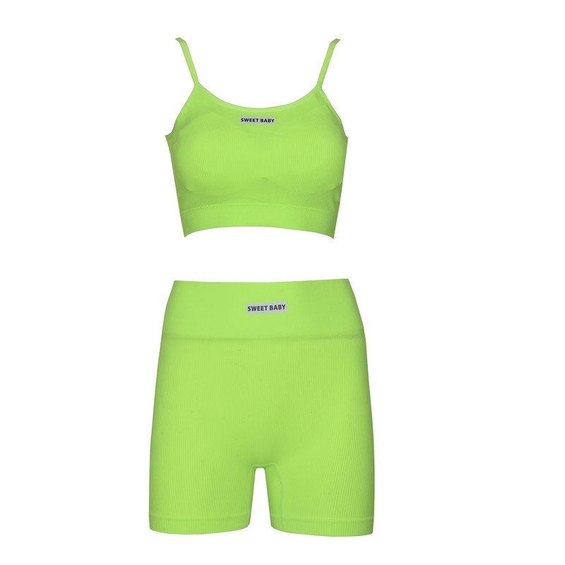 ست نیم تنه شلوارک زنانه مدل سیملس پددار رنگ سبز فسفری