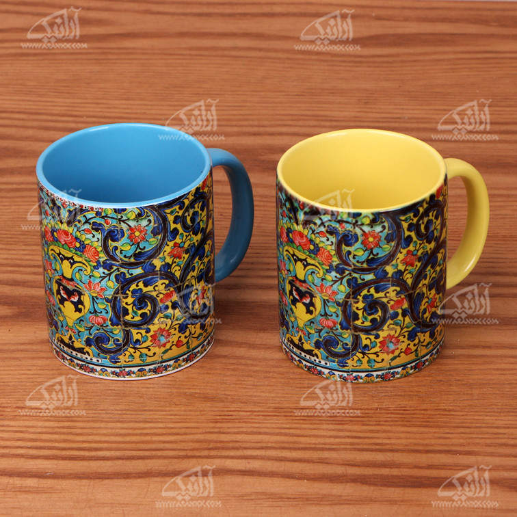 لیوان سفالی آرانیک دسته دار چاپ دیجیتالرنگارنگ طرح کاشی مدل 1002900011