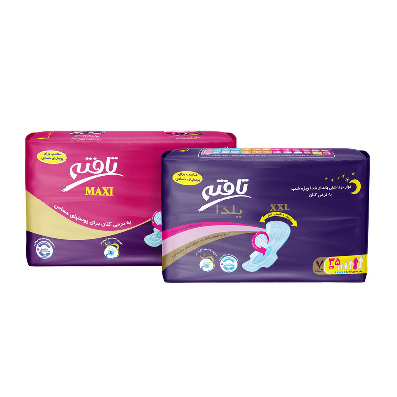 خرید و قیمت نوار بهداشتی تافته مدل Yalda Night بسته 7 عددی به همراه نوار بهداشتی بالدار مدل Maxi ویژه شب سایز XXXL بسته 5 عددی