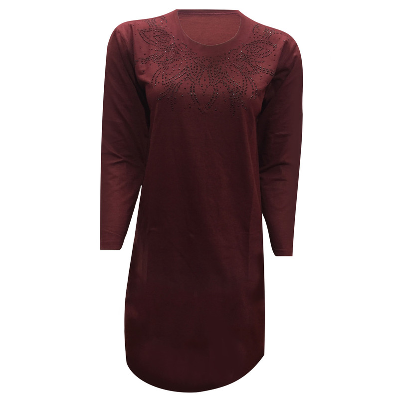 تونیک آستین بلند زنانه مدل قواره دار نخی ویسکوز نگینی خرچنگ کد tm-2362 رنگ زرشکی