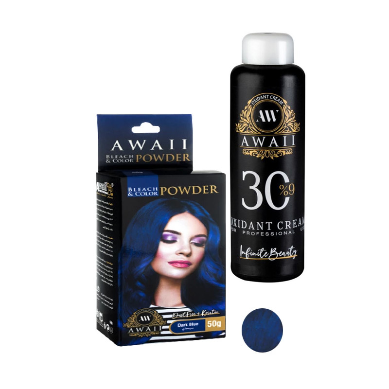 خرید و قیمت پودر دکلره آوایی مدل کراتین وزن 50 گرم رنگ سرمه ای به همراه اکسیدان آوایی مدل 30vol نه درصدی حجم 180 میلی لیتر