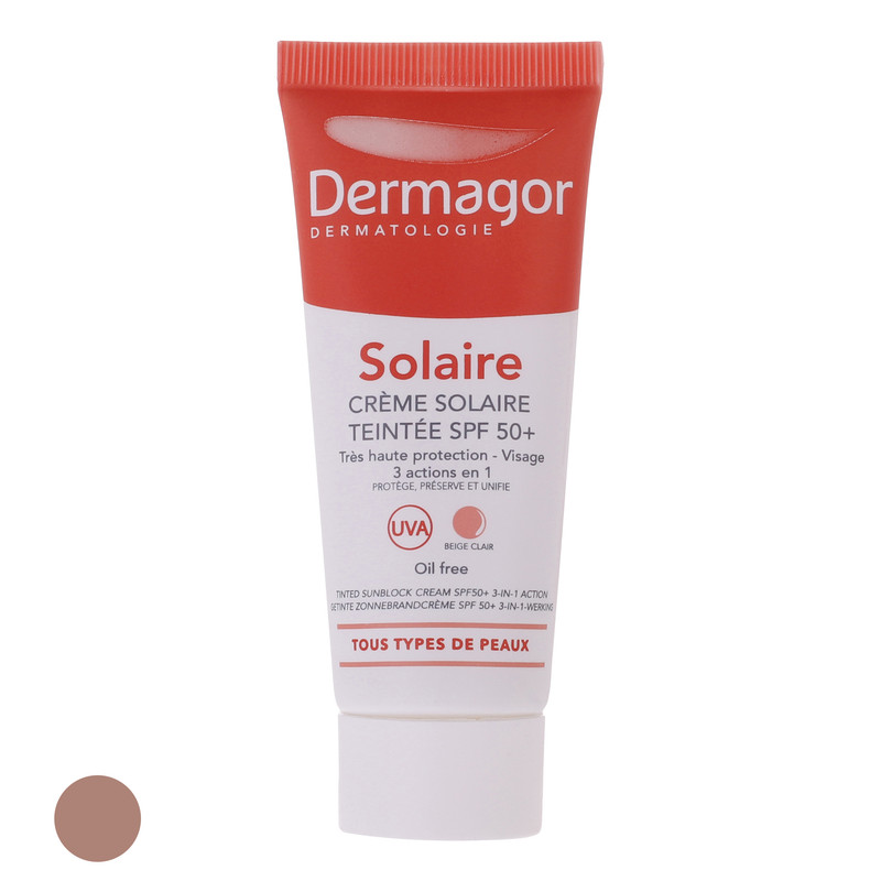 خرید و قیمت کرم ضد آفتاب رنگی درماگور SPF50 مدل 3 در 1 محافظ UVB ،UVA، مرطوبکننده مناسب پوست مختلط حجم 40 میلیلیتر