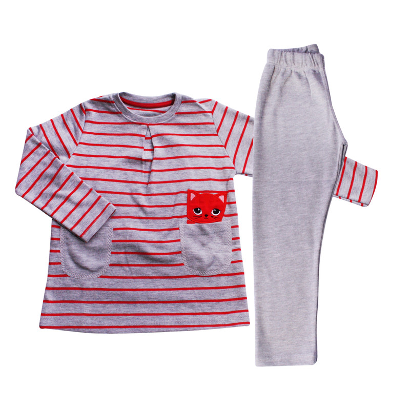 ست تیشرت و شلوار بچگانه مدل TB0098 مدل گربه جیب دار