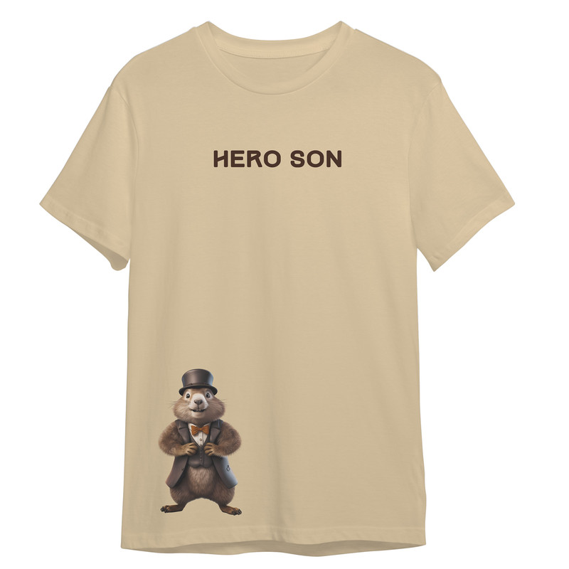 تی شرت آستین کوتاه پسرانه مدل پسر قهرمان و همستر کد 0666 رنگ کرم