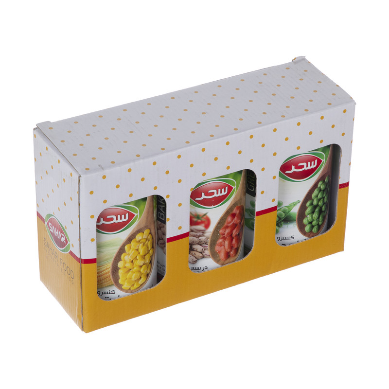 خرید و قیمت کنسرو ذرت شیرین و لوبیا چیتی در سس و نخود سبز سحر مجموعه 3 عددی