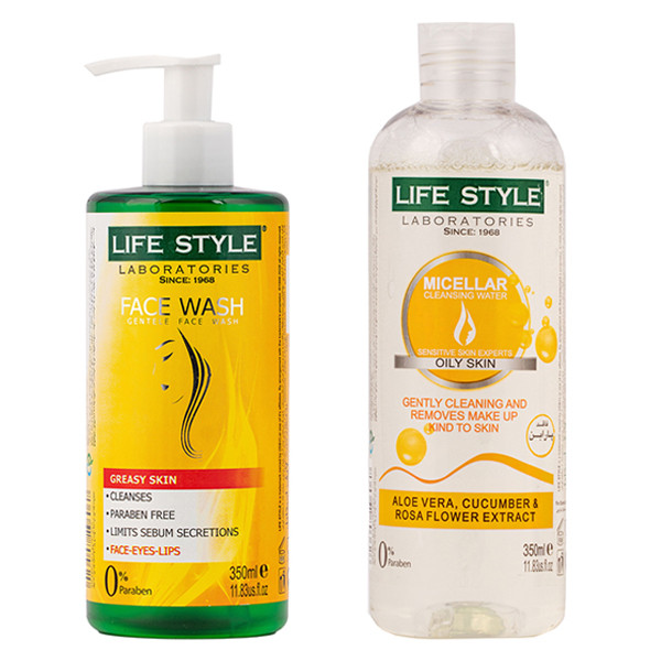 ژل شستشو صورت لایف استایل مدل چای سبز حجم 350 میلی لیتر به همراه محلول پاک کننده آرایش صورت لایف استایل مدل گل سرخ حجم 350 میلی لیتر