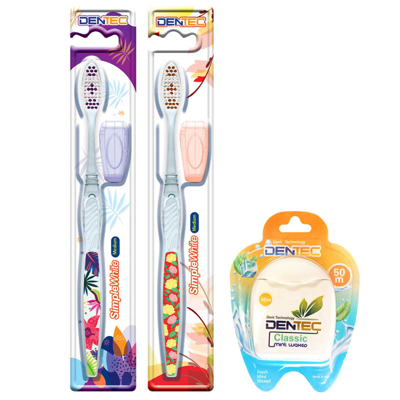 مسواک دن تک مدل Tooth M +FL با برس متوسط مجموعه 2 عددی به همراه نخ دندان مدل Mint