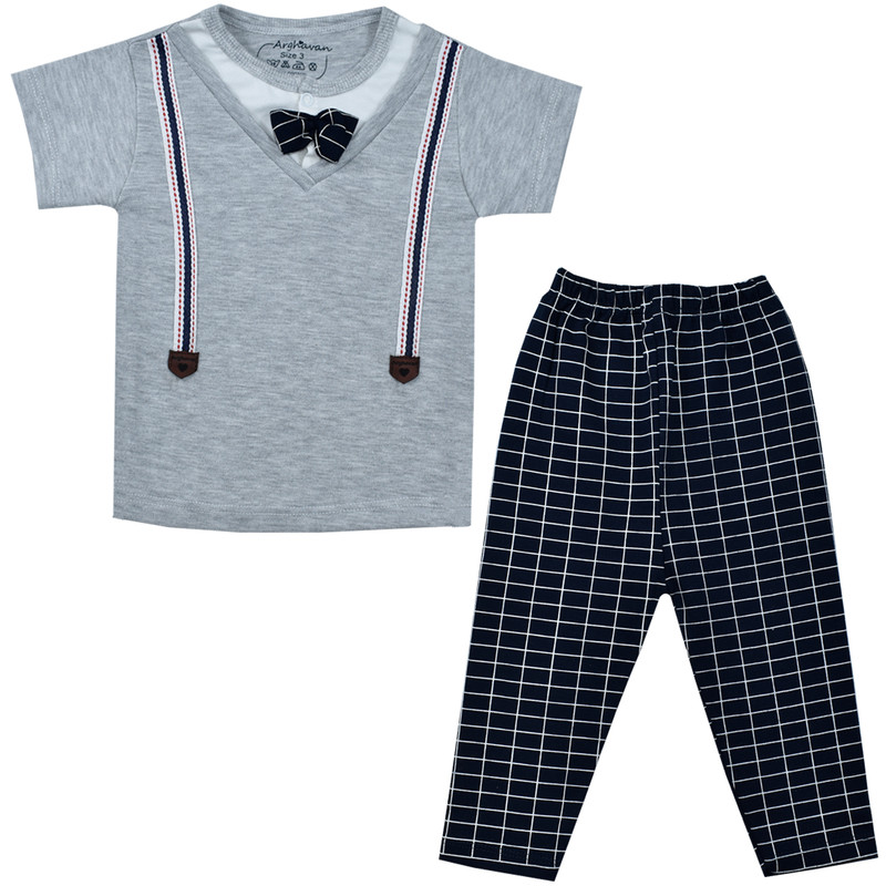 خرید و قیمت ست تی شرت آستین کوتاه و شلوار نوزادی مدل ارغوان بندی چهارخونه