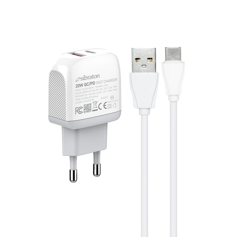 شارژر دیواری 20 وات سیبراتون مدل S-W2220C-PD به همراه کابل USB-C