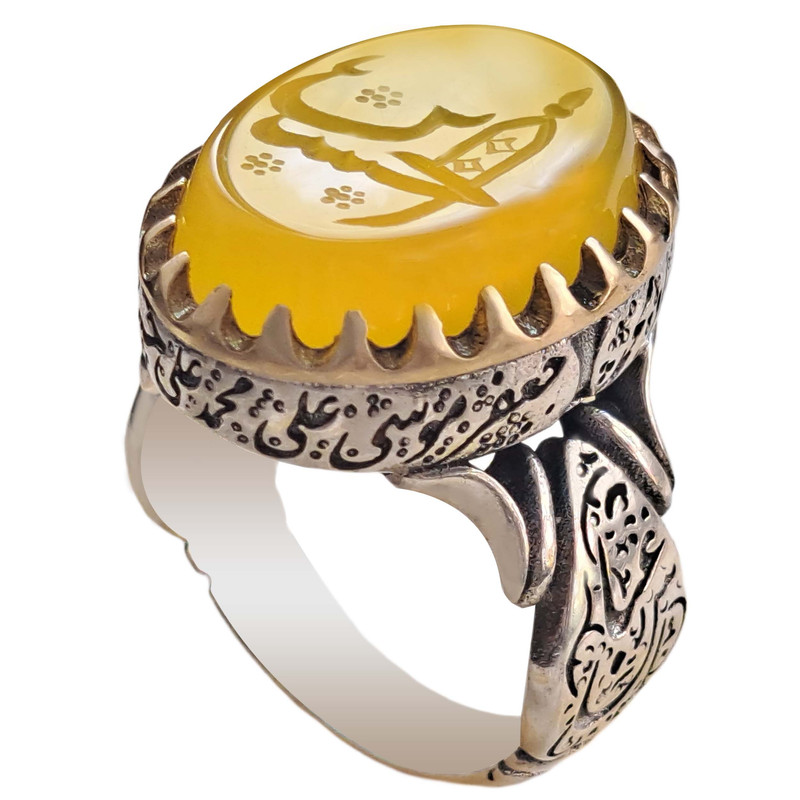 انگشتر نقره مردانه ملک زیور مدل چهارده معصوم حکاکی دستی عقیق یا حسین گلدسته کد 402