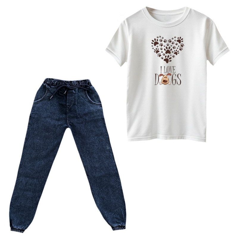 ست تیشرت و شلوار پسرانه مدل سگ رنگ سفید