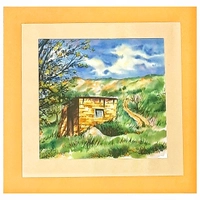 نقاشی آبرنگ طرح کلبه در مزرعه