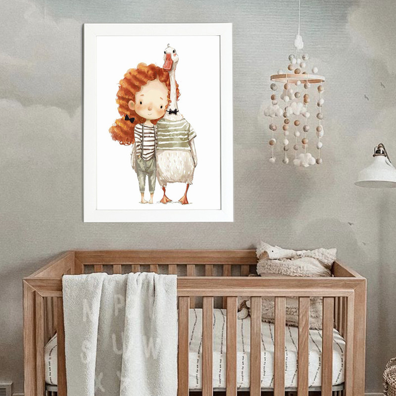 تابلو کودک مدل دختر مو فرفری و اردک مهربان