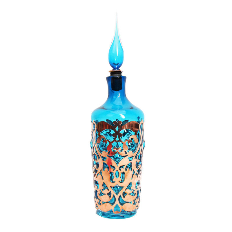 صراحی آبگینه مشبک مس رنگ آبی طرح ختایی مدل 1005200006