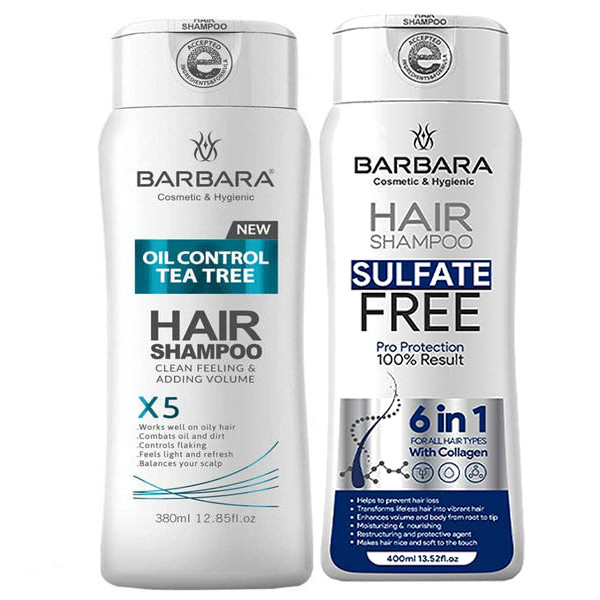 شامپو مو بدون سولفات باربارا مدل Pro Protection حجم 400 میلی لیتر به همراه شامپو مو چرب باربارا مدل Tea Tree حجم 380 میلی لیتر