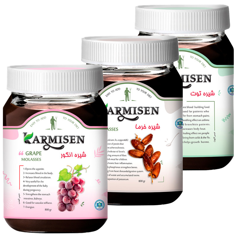 خرید و قیمت شیره انگور و خرما و توت کارمیسن - 800 گرم مجموعه 3 عددی