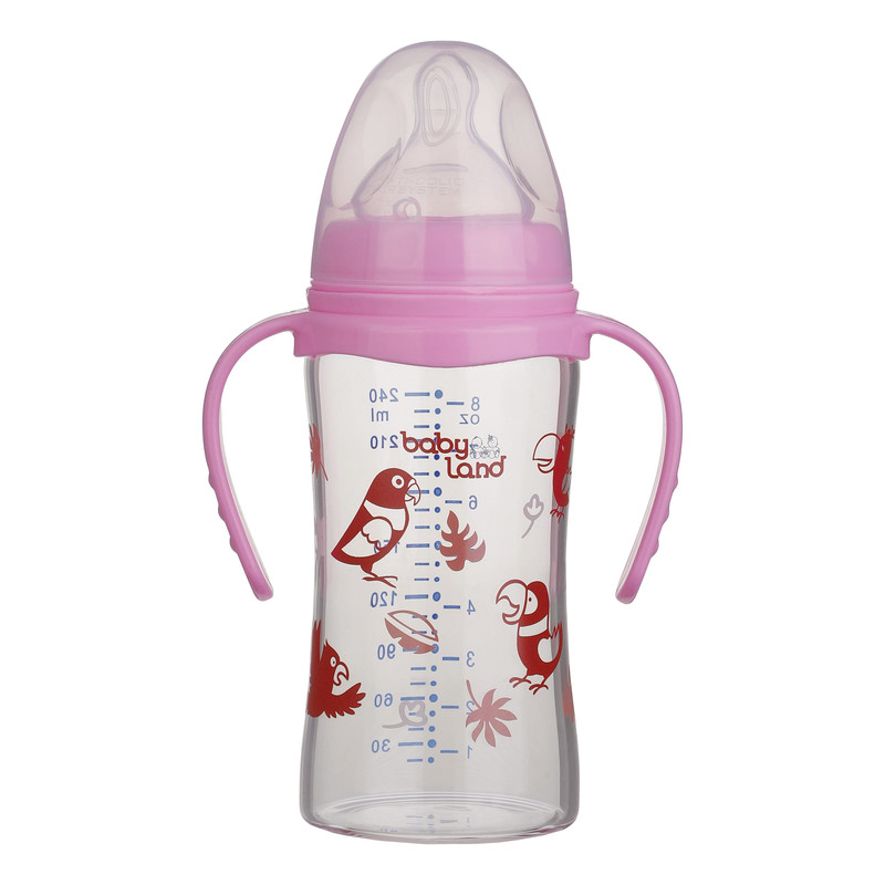 شیشه شیر بیبی لند مدل دهانه عریض ارتودنسی پیرکس دسته دار کد 05505 گنجایش 240 میلی لیتر