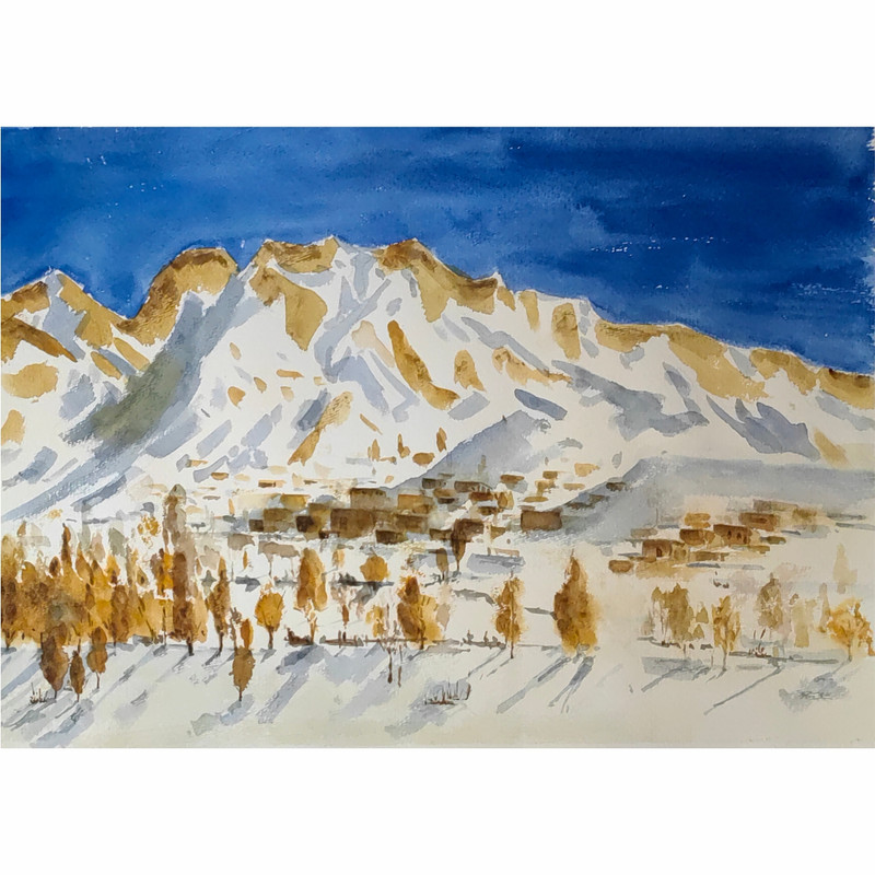 نقاشی آبرنگ طرح طبیعت برفی کوهستان کد 1021