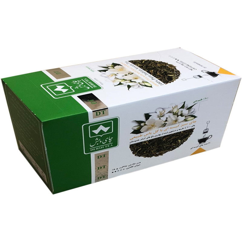 چای سبز کیسه ای با گل یاس طبیعی دبش بصیر ایران بسته 20 عددی