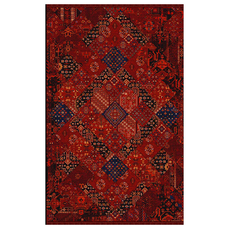 فرش ماشینی فرش ابریشمی کرامتیان طرح چهل تیکه بلوچی زمینه لاکی