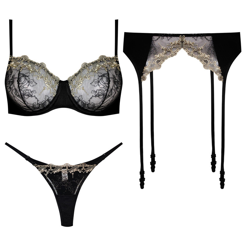 ست شورت و سوتین زنانه برتا مدل فنردار کد 5106-4010-B رنگ مشکی به همراه نگهدارنده جوراب