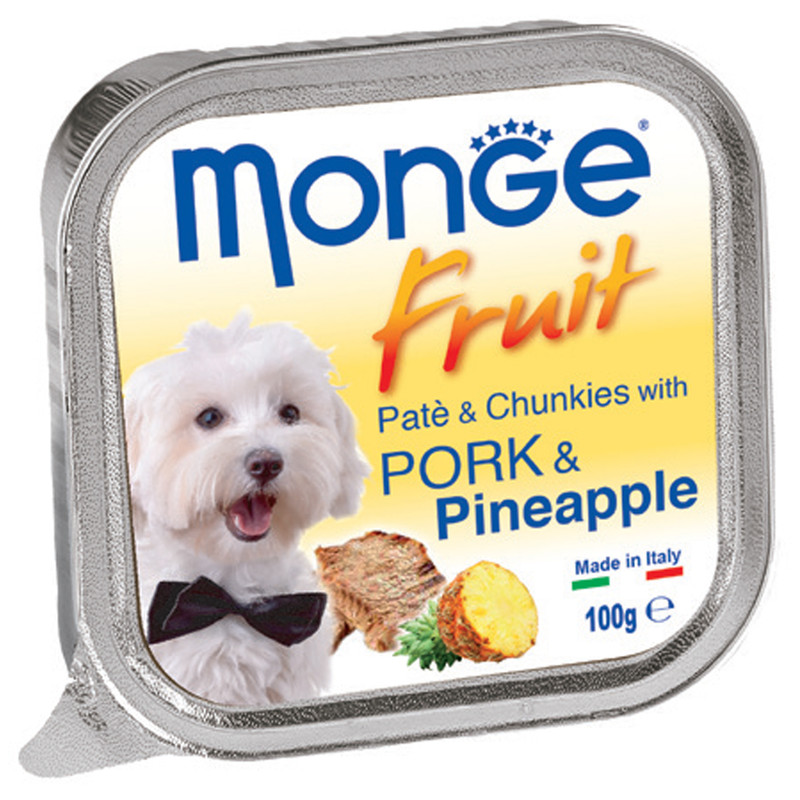خرید و قیمت خوراک سگ مونگه مدل Pate & Chunks With Pork and Pineapple-13253 با طعم گراز و آناناس وزن 100 گرم