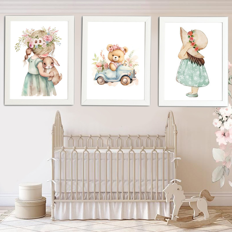 تابلو اتاق کودک مدل دختر زیبا و خرگوش و تدی ماشین سوار مجموعه 3 عددی
