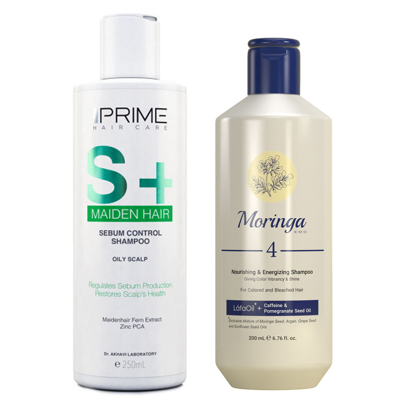 خرید و قیمت شامپو مو پریم مدل +S حجم 250 میلی لیتر به همراه شامپو مو مورینگا امو مدل S4 حجم 200 میلی لیتر