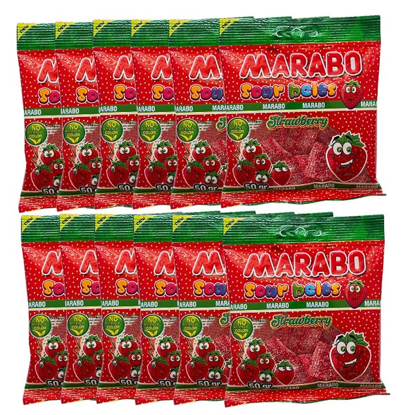 خرید و قیمت پاستیل لقمه ای نواری با طعم توت فرنگی مارابو - 50 گرم بسته 12 عددی