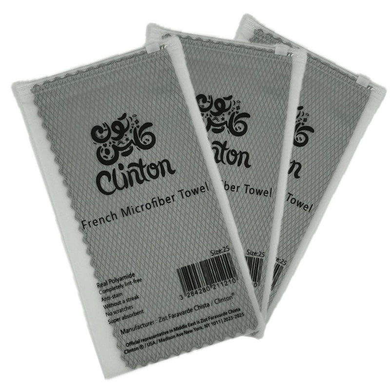 دستمال مخصوص شیشه و سطوح حساس خودرو کلینتون مدل فرنچ میکروفایبر کد GSM200253 بسته سه عددی
