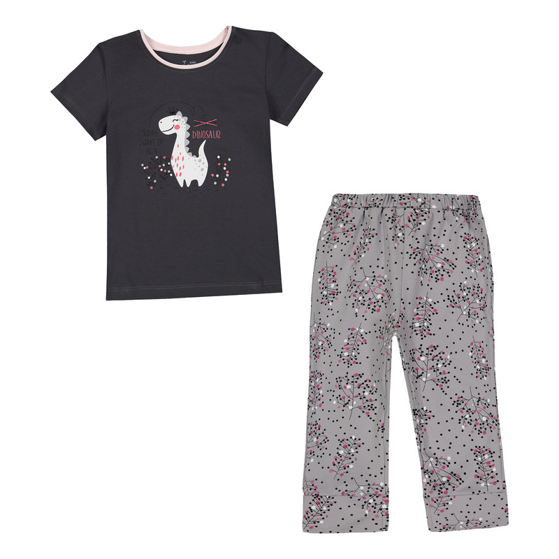 ست تی شرت و شلوار دخترانه ناربن مدل دایناسور رنگ طوسی