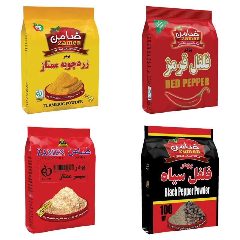 خرید و قیمت پودر زردچوبه ، سیر ، فلفل سیاه و فلفل قرمز ضامن - 100 گرم مجموعه 4 عددی