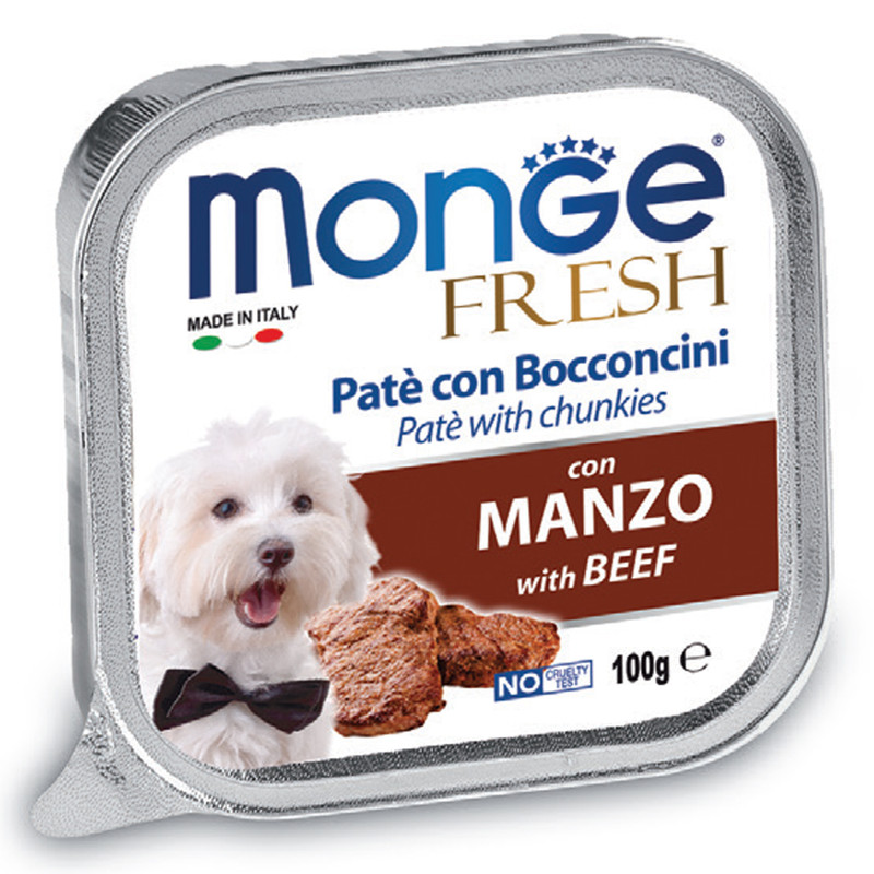 خرید و قیمت خوراک سگ مونگه مدل Pate and Chunks With Beef-13079 با طعم بیف وزن 100 گرم