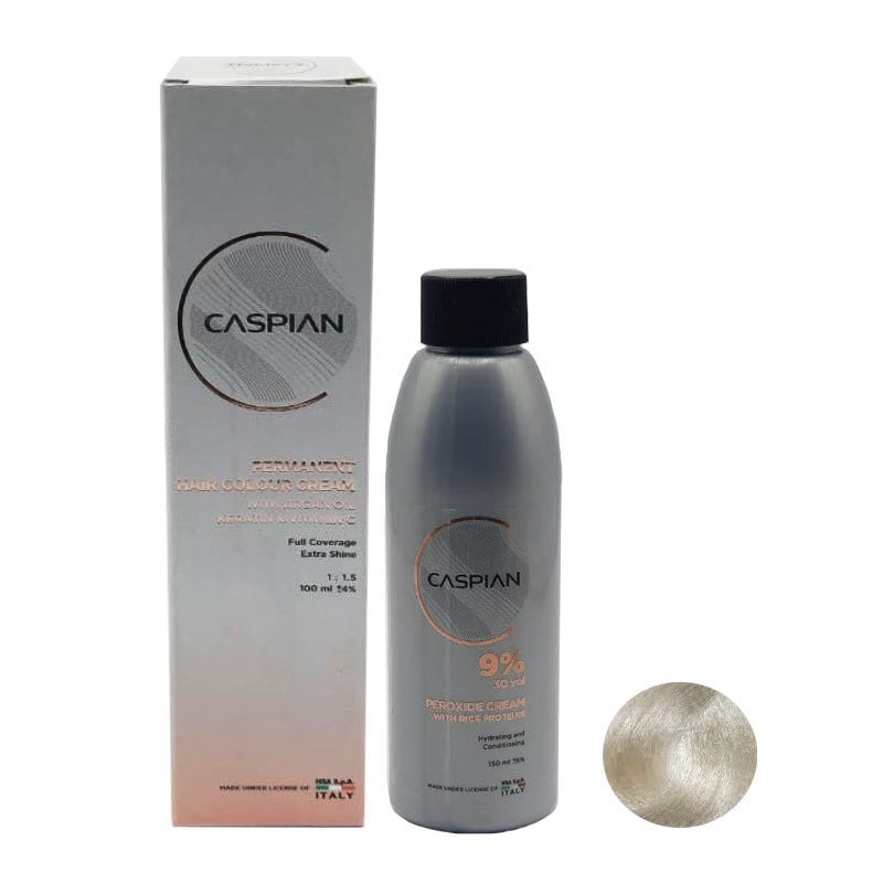 خرید و قیمت رنگ مو کاسپین شماره 10.1 حجم 100 میلی لیتر رنگ دودی فوق العاده روشن به همراه اکسیدان کاسپین مدل 2 نه درصدی حجم 150 میلی لیتر