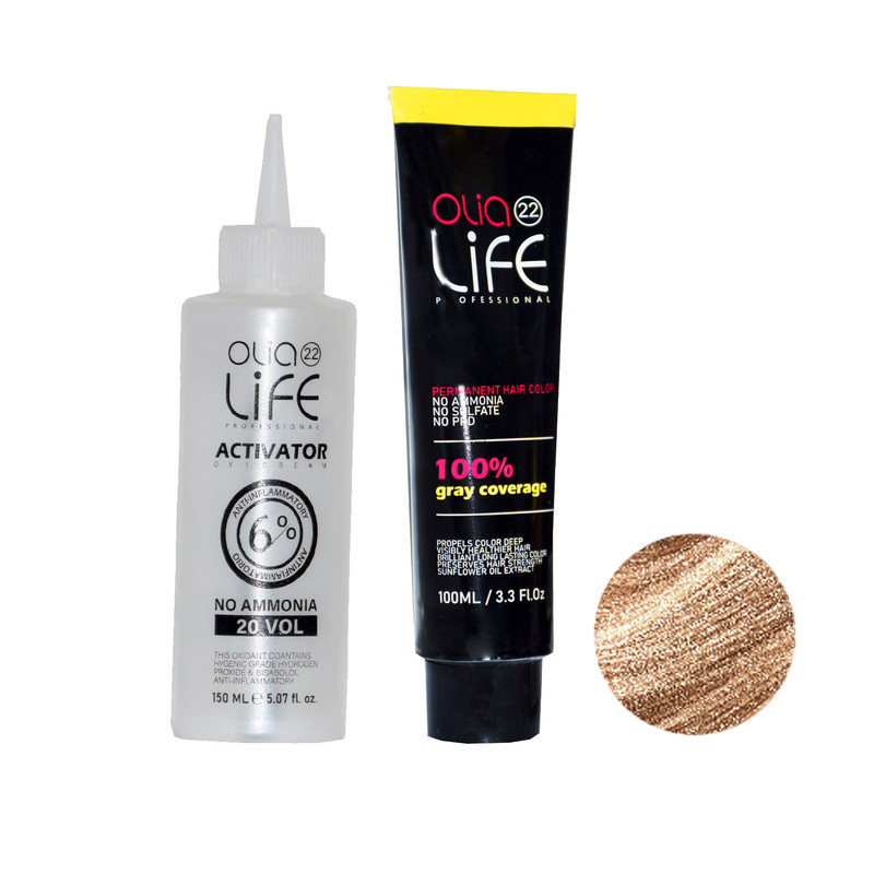 رنگ مو اولیا لایف شماره lc3 حجم 100 میلی لیتر رنگ لایت اسپرسو به همراه اکسیدان اولیا لایف مدل 20 vol شش درصدی حجم 150 میلی لیتر