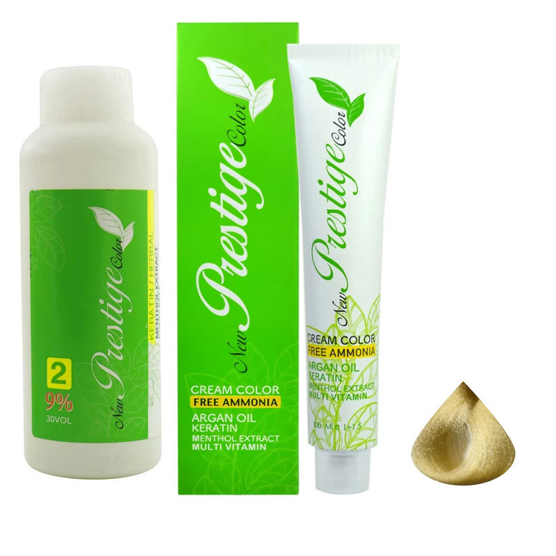 خرید و قیمت رنگ مو نیو پرستیژ کالر شماره P1 حجم 100 میلی لیتر رنگ حصیری به همراه اکسیدان نیو پرستیژ کالر مدل 2 نه درصدی حجم 150 میلی لیتر