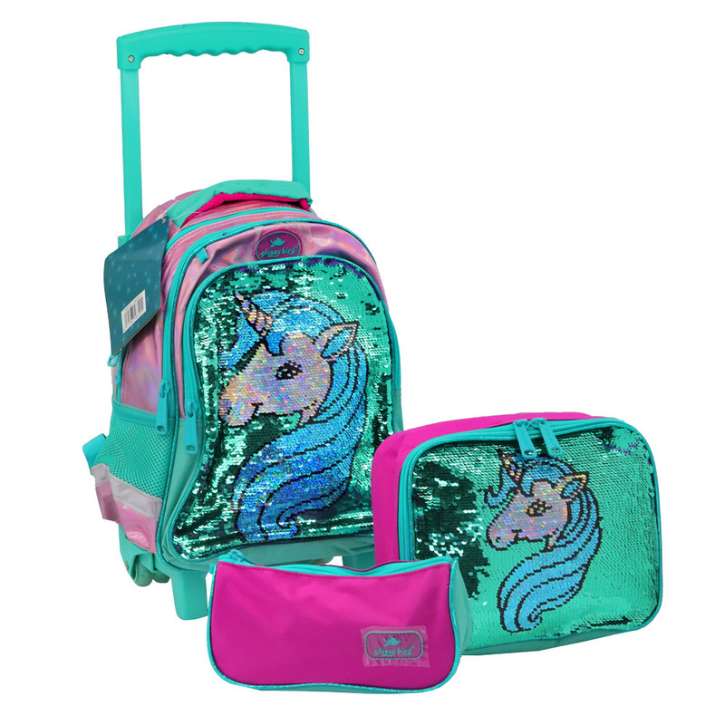 کوله پشتی چرخ دار گلسی برد طرح یونی کورن مدل 2691B به همراه کیف غذا و جامدادی